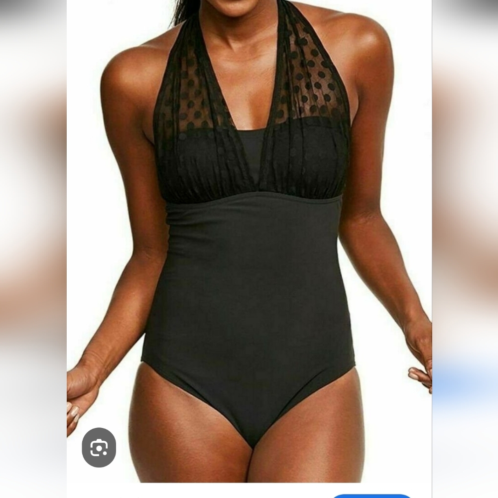 NWT Figleaves Underwire Black Shaping Halter One-Piece Swimsuit 34FF
